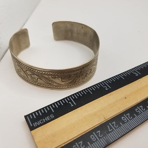 Vintage Silver Embossed Cuff Bracelet, 6 3/8 Length, 3/4 Width, Non-Magnetic - Picture 5 of 5